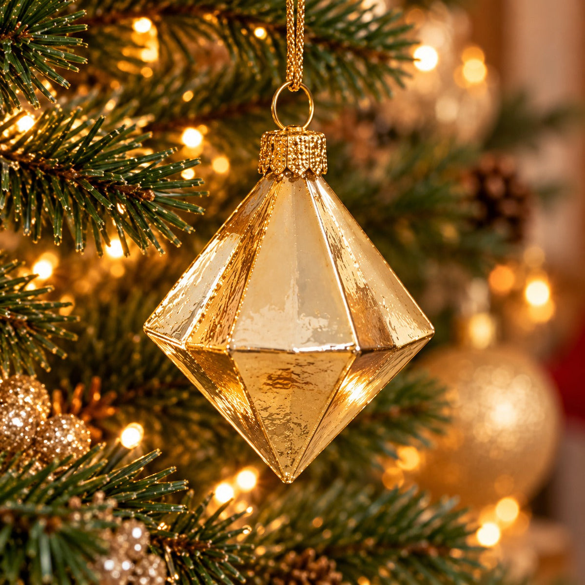Geometric Glass Diamond Christmas Hanging Ornament – Glossy Gold & Silver