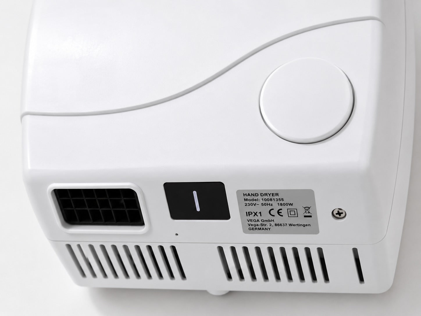 VEGA Wall-Mounted Electric Hand Dryer – 1800W High-Speed Hand Dryer | White | Commercial Bathroom Dryer