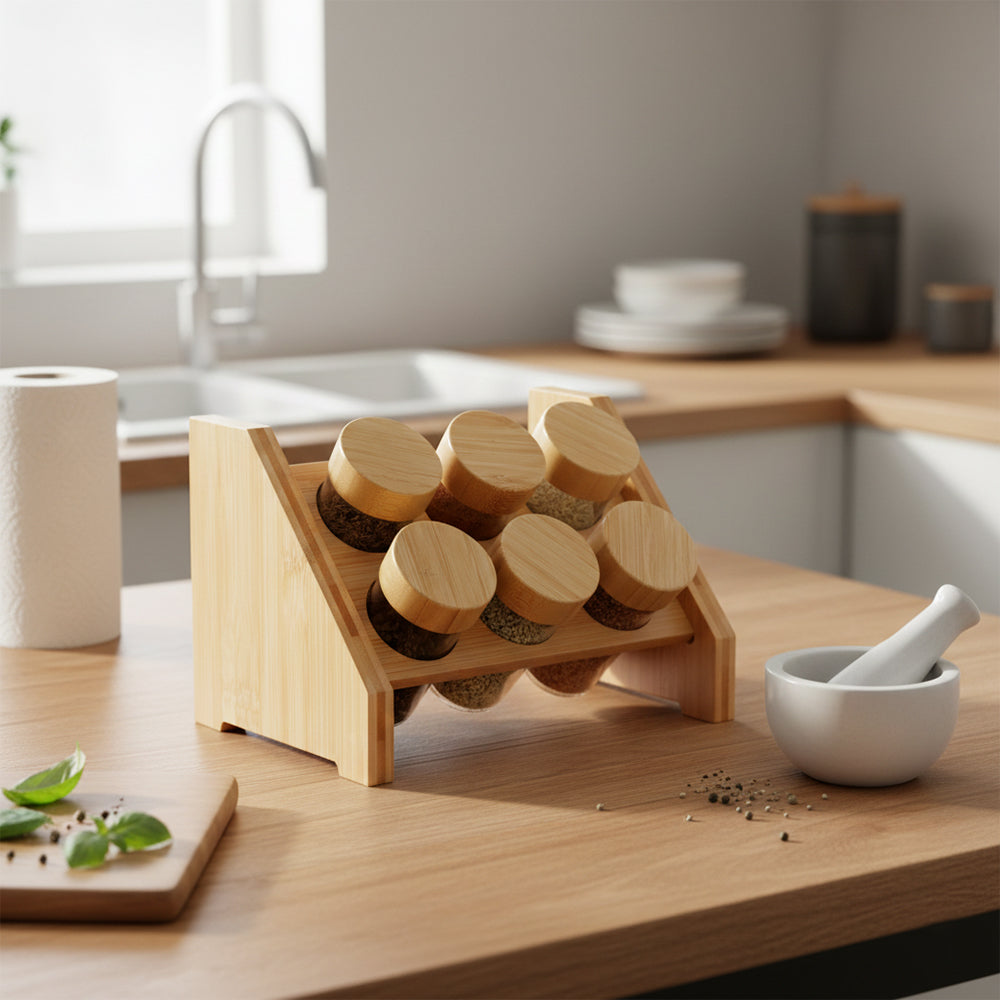 6-Glass Seasoning Jar with Bamboo Stand Holder Set BM-06MH