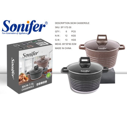 Sonifer 20/22/24/26/28/30/32/36cm Wear-Resistant Non-Stick Granite Casserole with Glass Lid SF-1172-Black