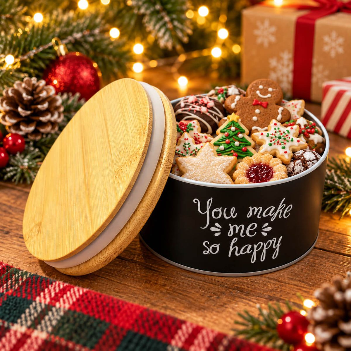 Cucina & Tavola Round Christmas Storage Tin with Bamboo Lid