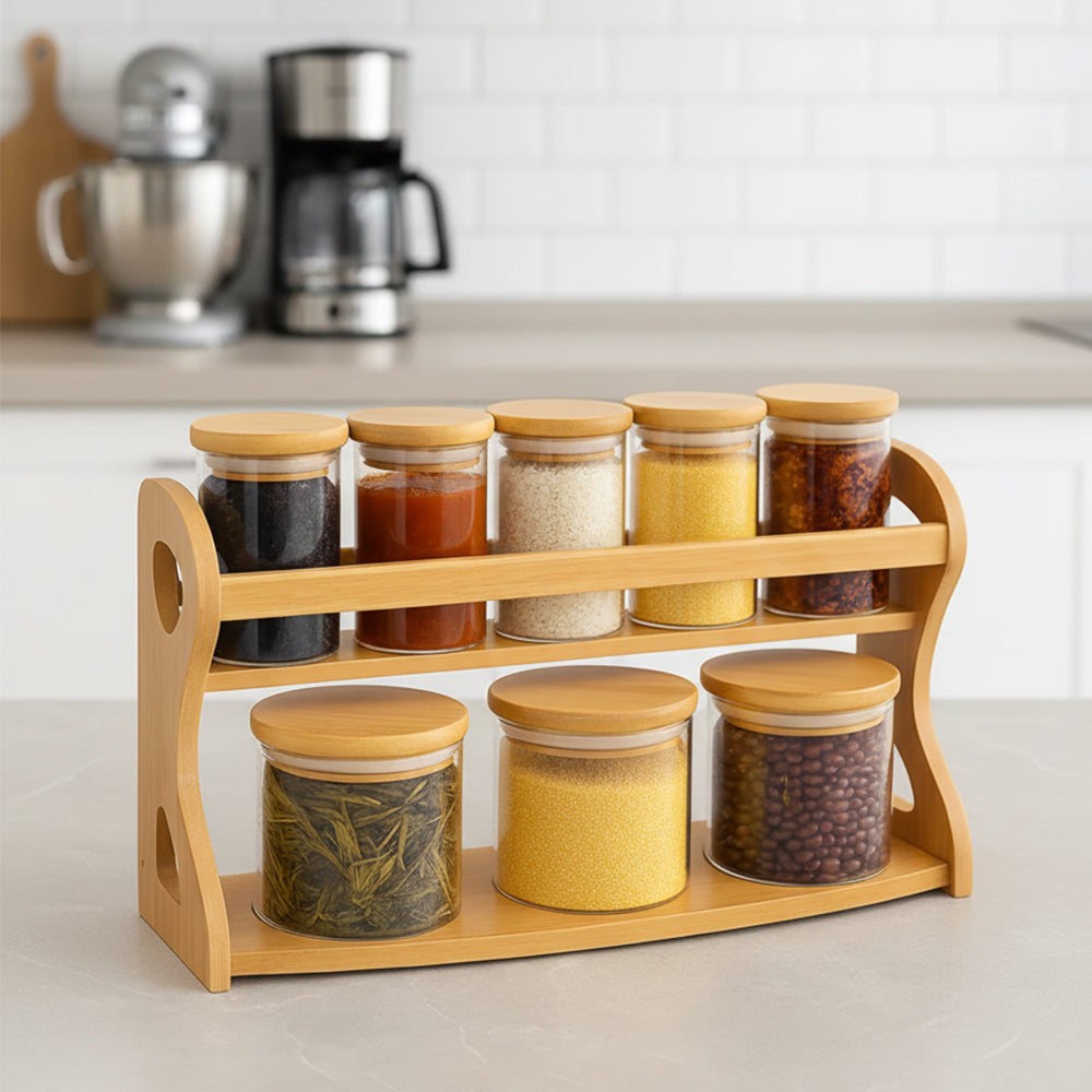 8-Glass Seasoning Jar with Bamboo Stand Holder Set, 3 Big & 5 Mini Seasoning Jar HF-06 (L35 x W13 x H22)cm