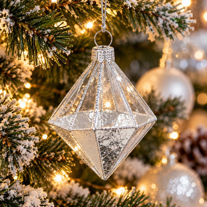 Geometric Glass Diamond Christmas Hanging Ornament – Gold & Silver