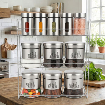 11-Pcs Stainless Steel Glass Seasoning & Spices Rack Set – 100/400ml #CB-TWJ14