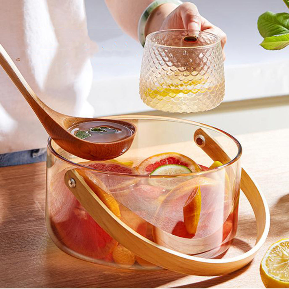 Snacks Glass Fruit Storage Basket with Wooden Handle-Amber Color