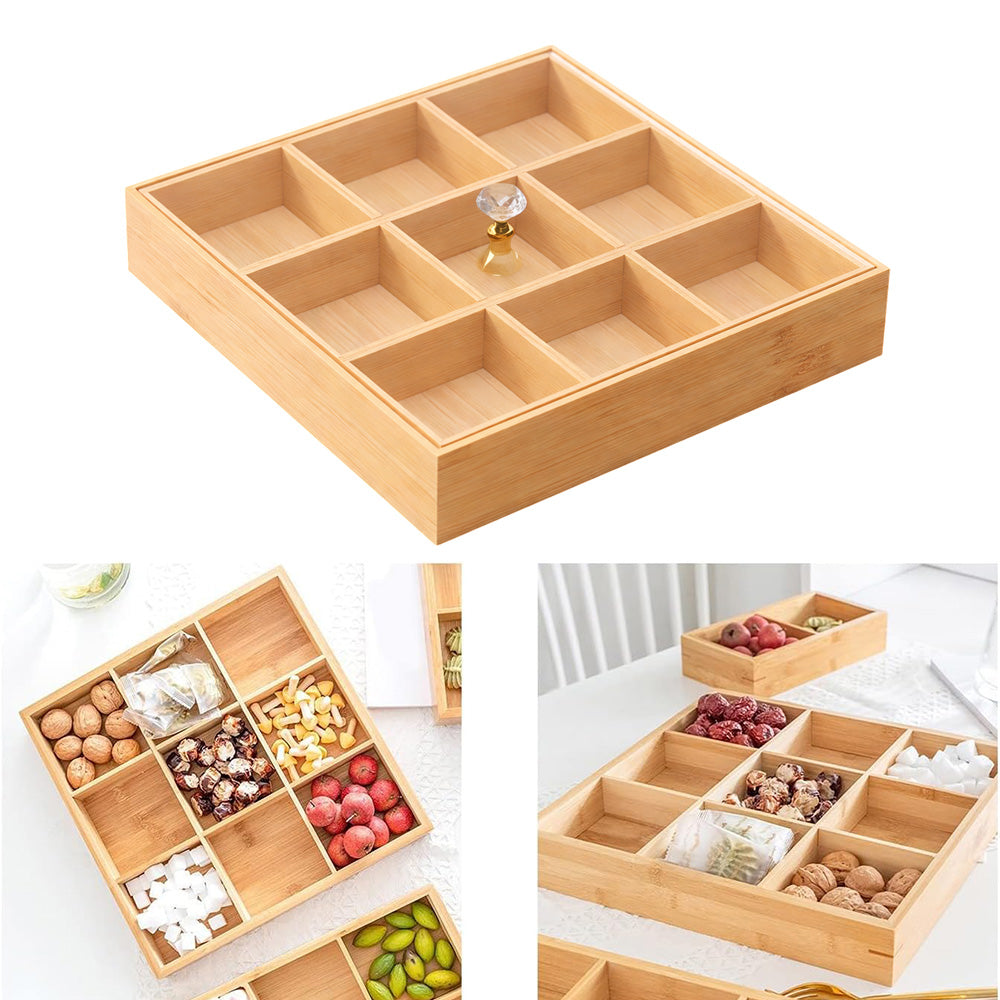 Bamboo Nuts Tray with Protective Lid – 9 Compartments