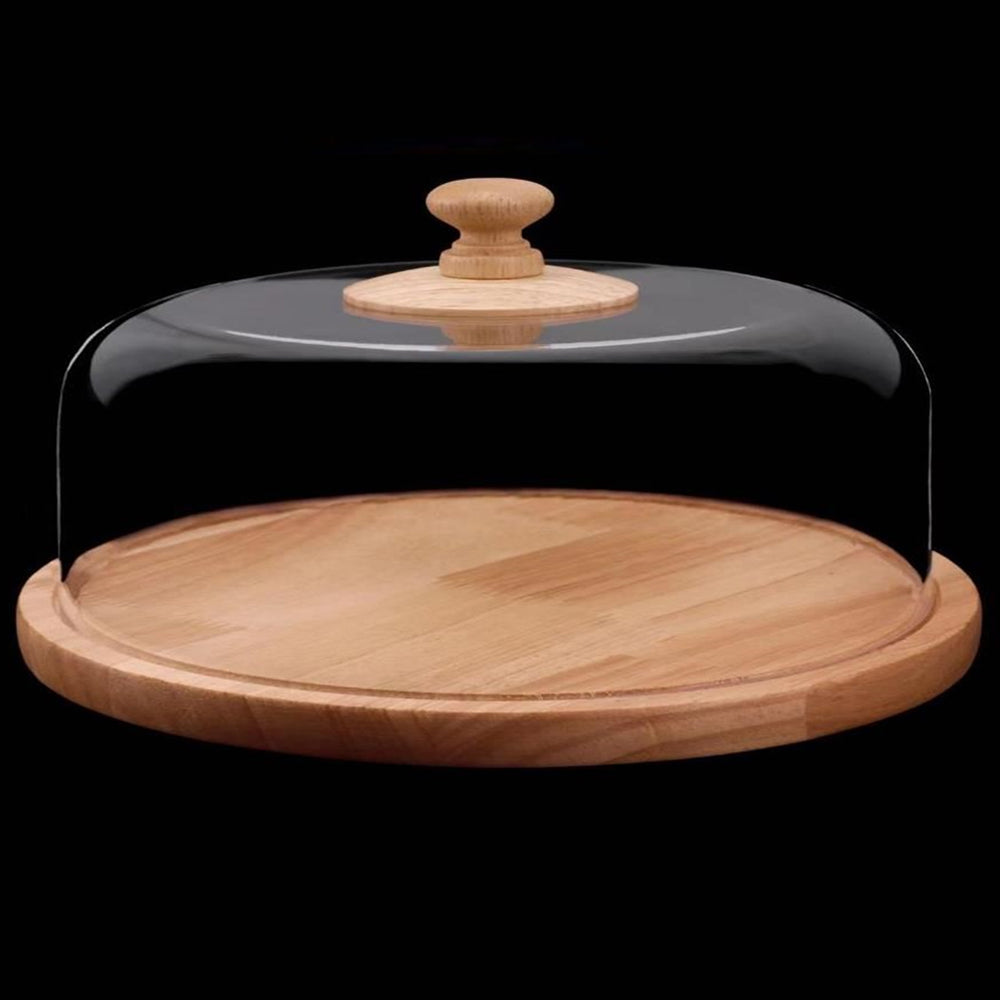 Premium 34-cm Round Wooden Base Cake Stand with Dome Clear Acrylic Cover