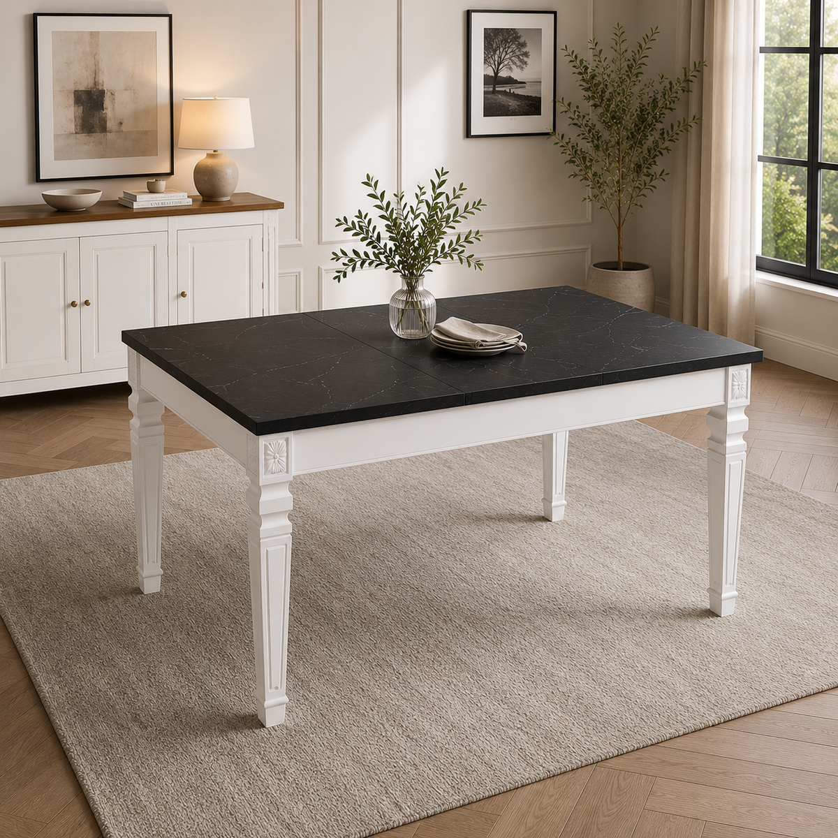 Minsk White & Black Marble-Look Extendable Dining Table