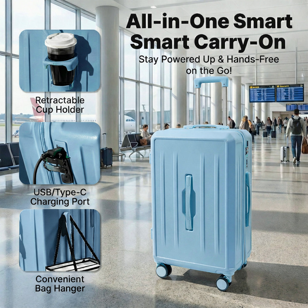 Carry-On Suitcase with USB Charging & Cup Holder (Blue)