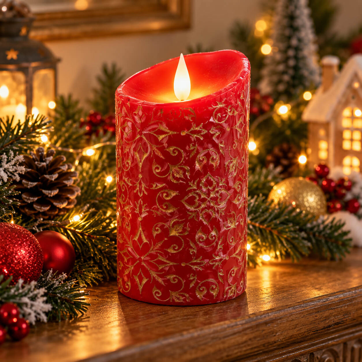 Noël Traditional Red & Gold LED Christmas Candle with Flicker Effect