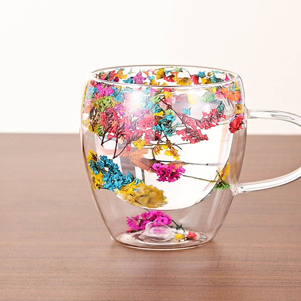 Dried Flowers Double Wall Clear Glass Coffee Mugs – 250ml