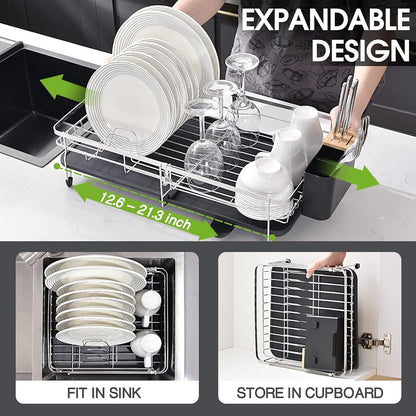 Expandable Dish Rack Stainless Steel with Cutlery Holder