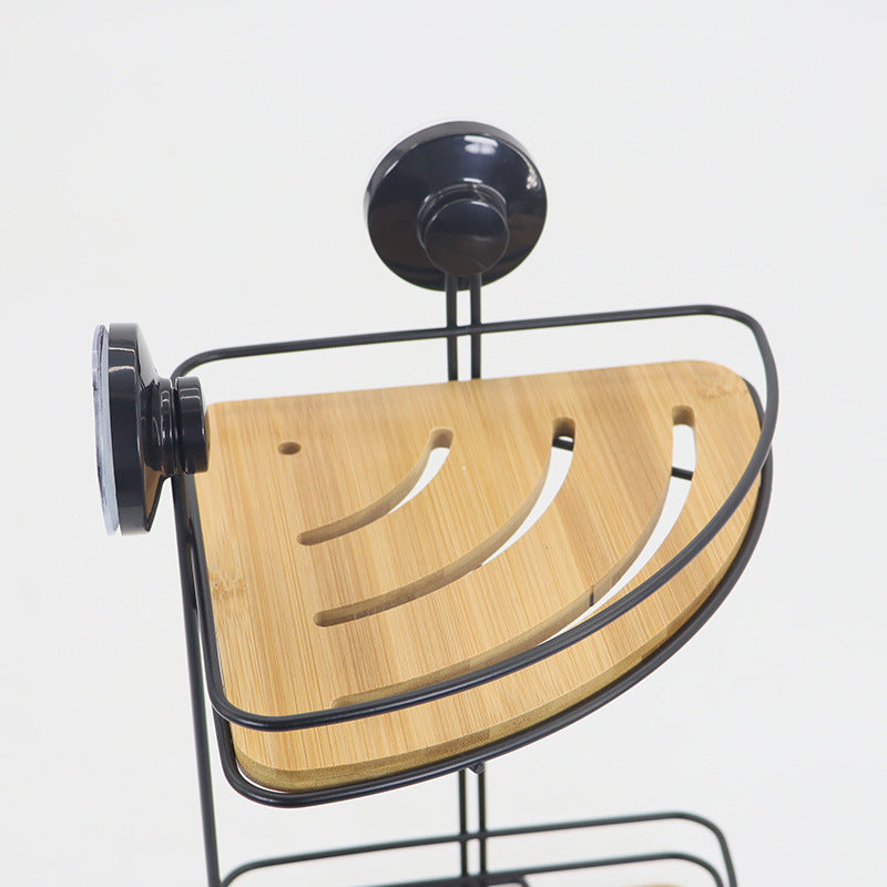 Corner Bath & Kitchen Shelf Suction Cups Metal With Bamboo 37x18cm