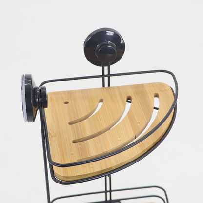 Corner Bath & Kitchen Shelf Suction Cups Metal With Bamboo 37x18cm