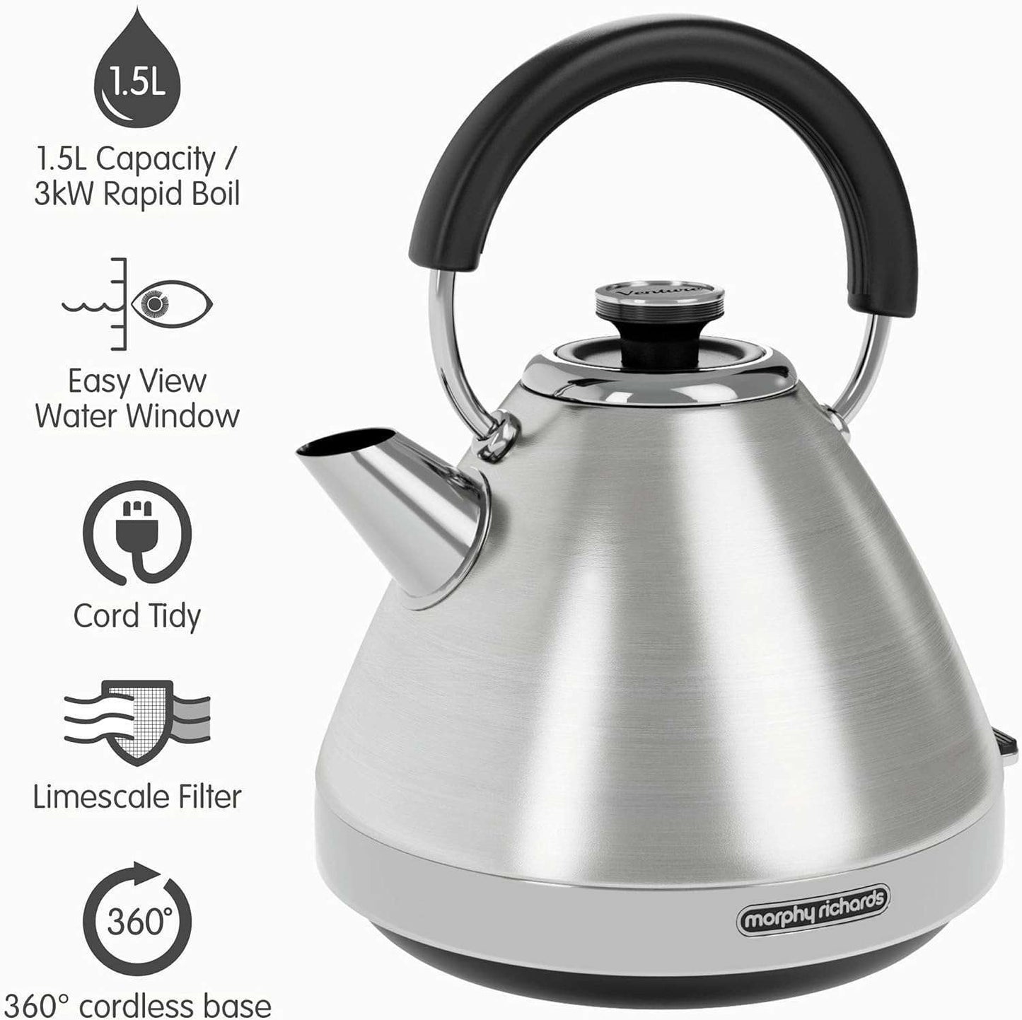 Venture Pyramid Kettle – Brushed Stainless -1.5L by Morphy Richards