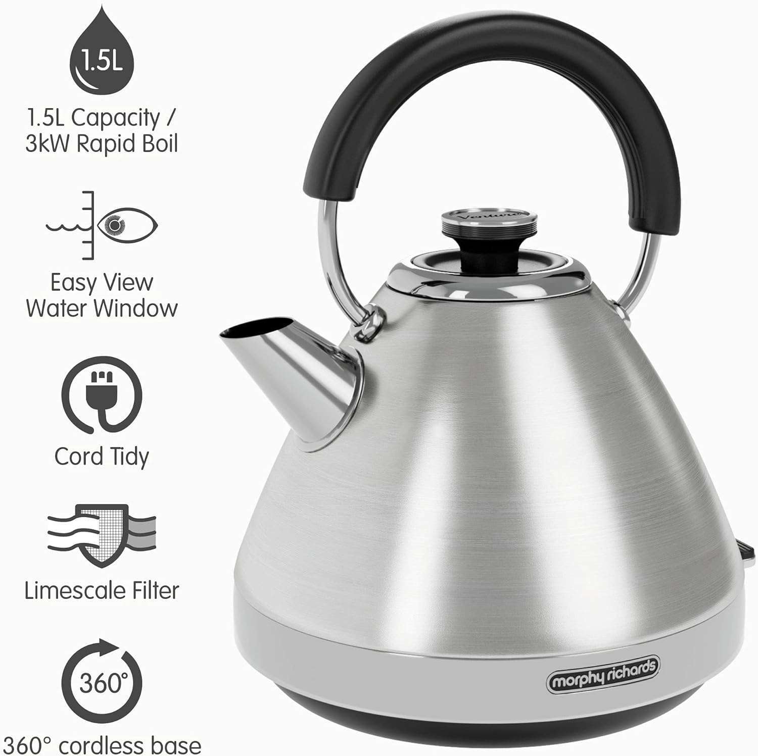 Venture Pyramid Kettle – Brushed Stainless -1.5L by Morphy Richards