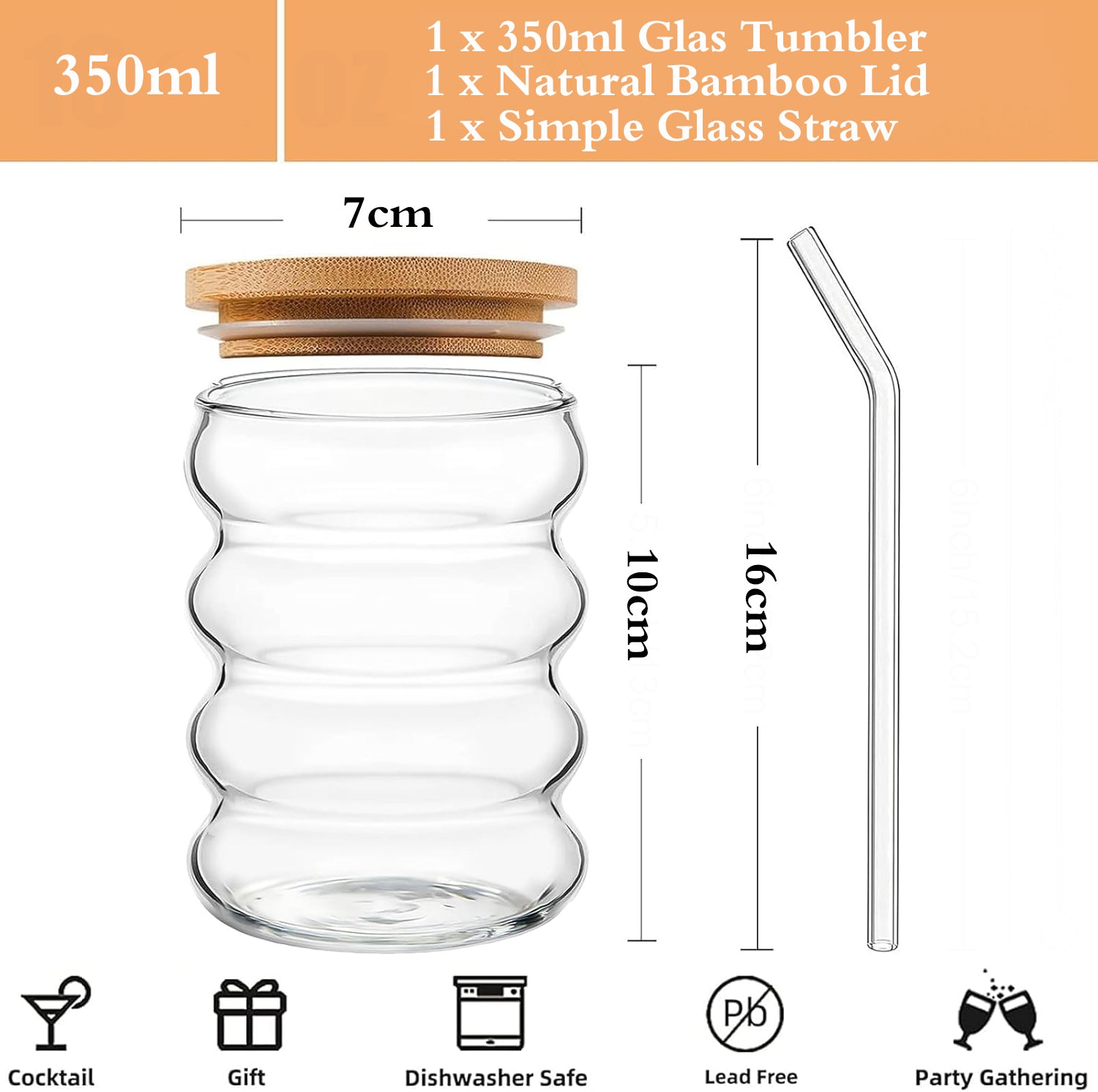 Matcha Wave Shaped Glass Tumblers Drinking with Lid and Straw – 350ml