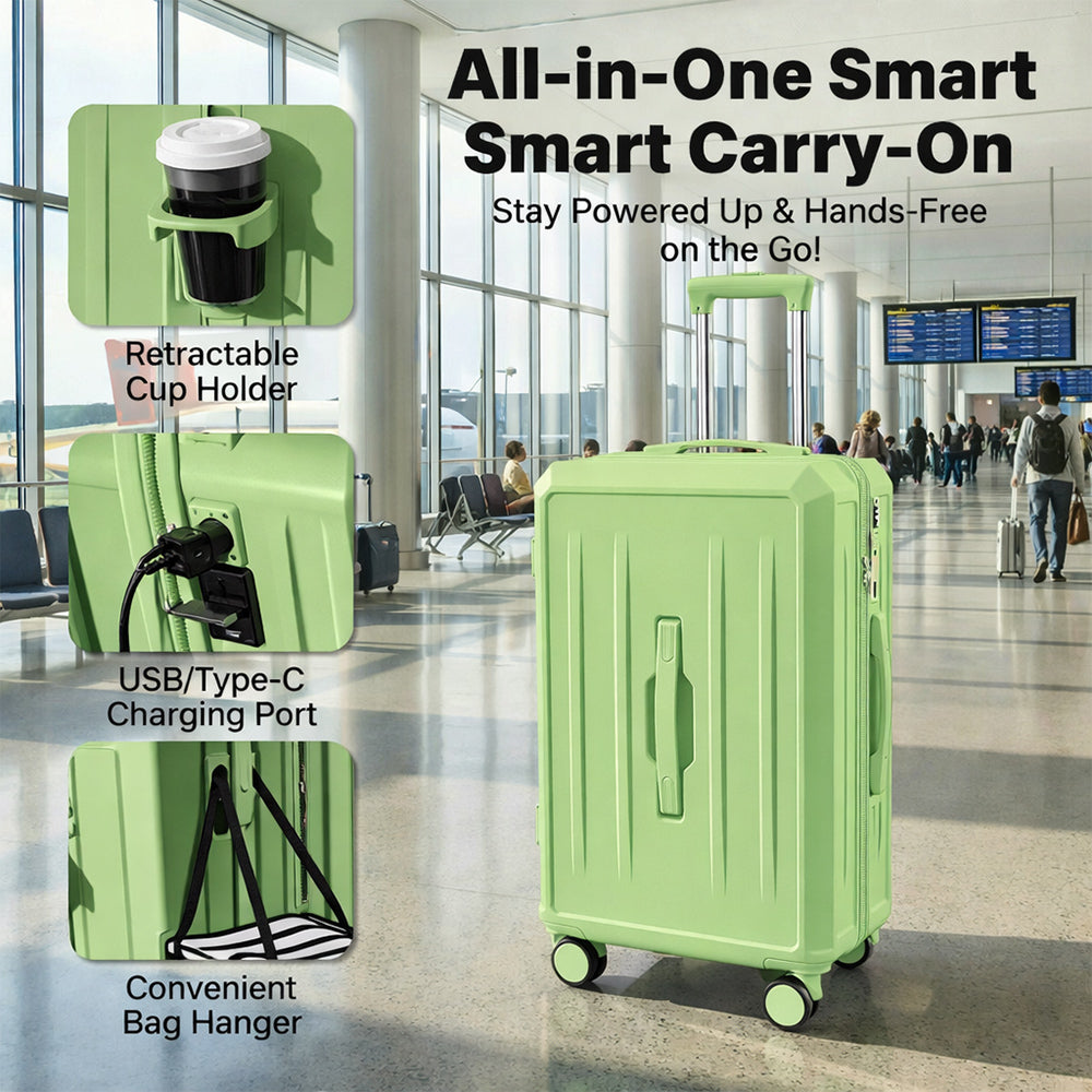 Carry-On Suitcase with USB Charging & Cup Holder (Green)
