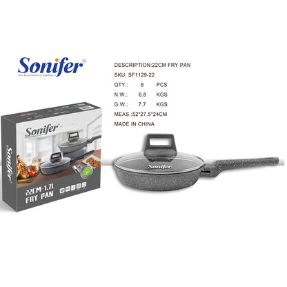 Sonifer 20/22/24/26/28/30/32cm  Wear-Resistant Non-Stick Granite Fry Pan With Glass Lid SF-1129 Grey
