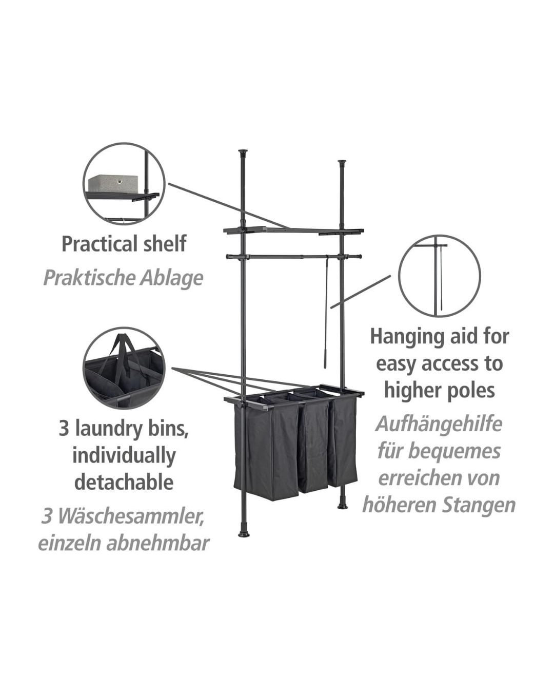 Wenko Hercules Telescopic Laundry Sorter System – Adjustable 3-Compartment Wardrobe Organizer