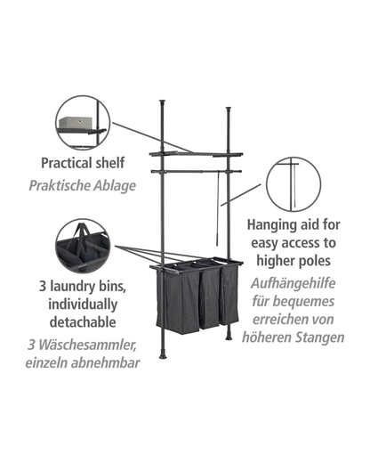 Wenko Hercules Telescopic Laundry Sorter System – Adjustable 3-Compartment Wardrobe Organizer