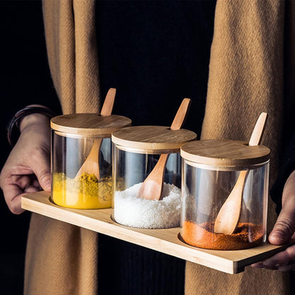 3-Pieces Set Storage Jar With Wood Lid & Tray