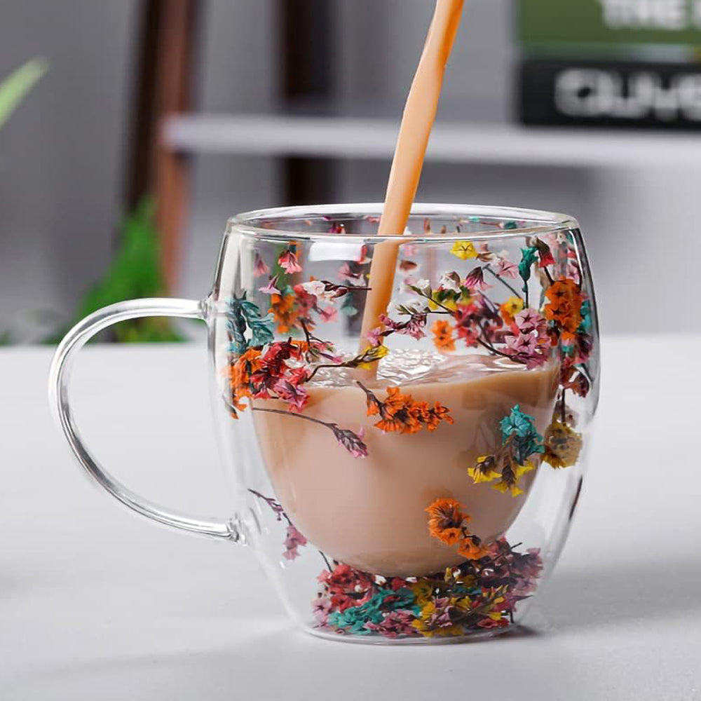 Dried Flowers Double Wall Clear Glass Coffee Mugs – 250ml