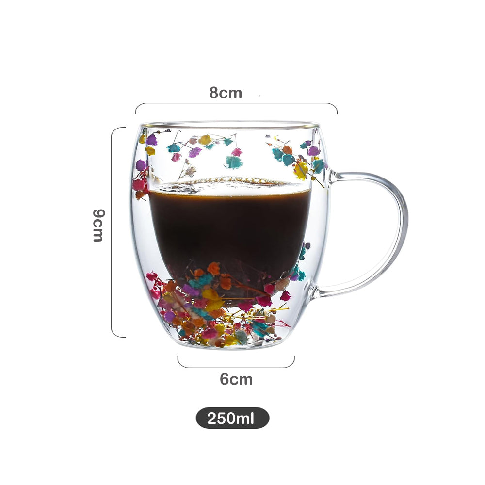 Dried Flowers Double Wall Clear Glass Coffee Mugs – 250ml