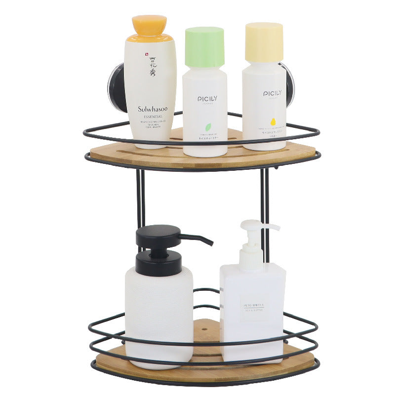 Corner Bath & Kitchen Shelf Suction Cups Metal With Bamboo 37x18cm