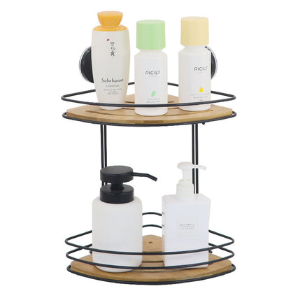 Corner Bath & Kitchen Shelf Suction Cups Metal With Bamboo 37x18cm