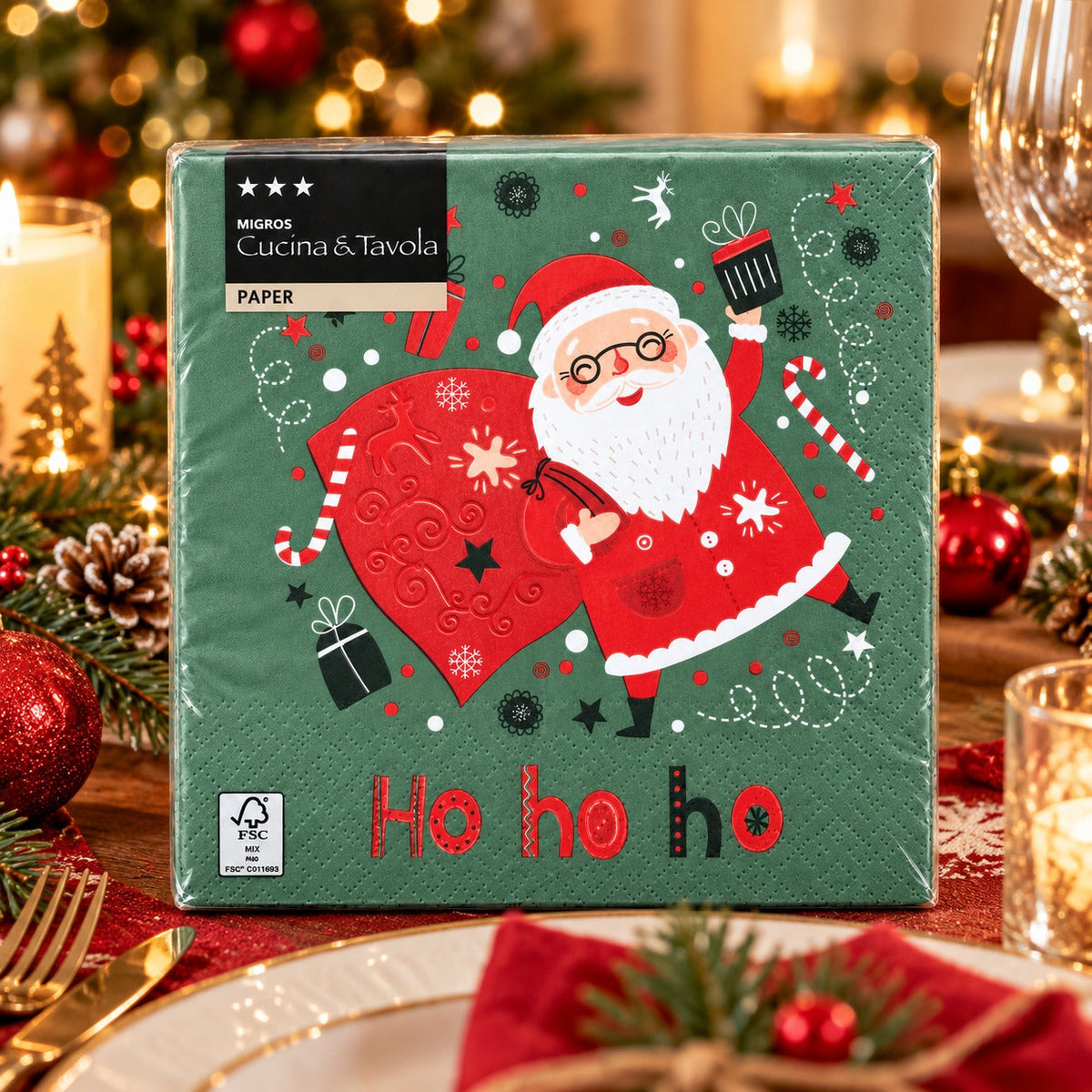 Cucina & Tavola Santa “Ho Ho Ho” Christmas Napkins – 20 Pack, 33 × 33 cm