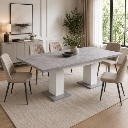 Hamburg Concrete-Look White Dining Table with Metal Base