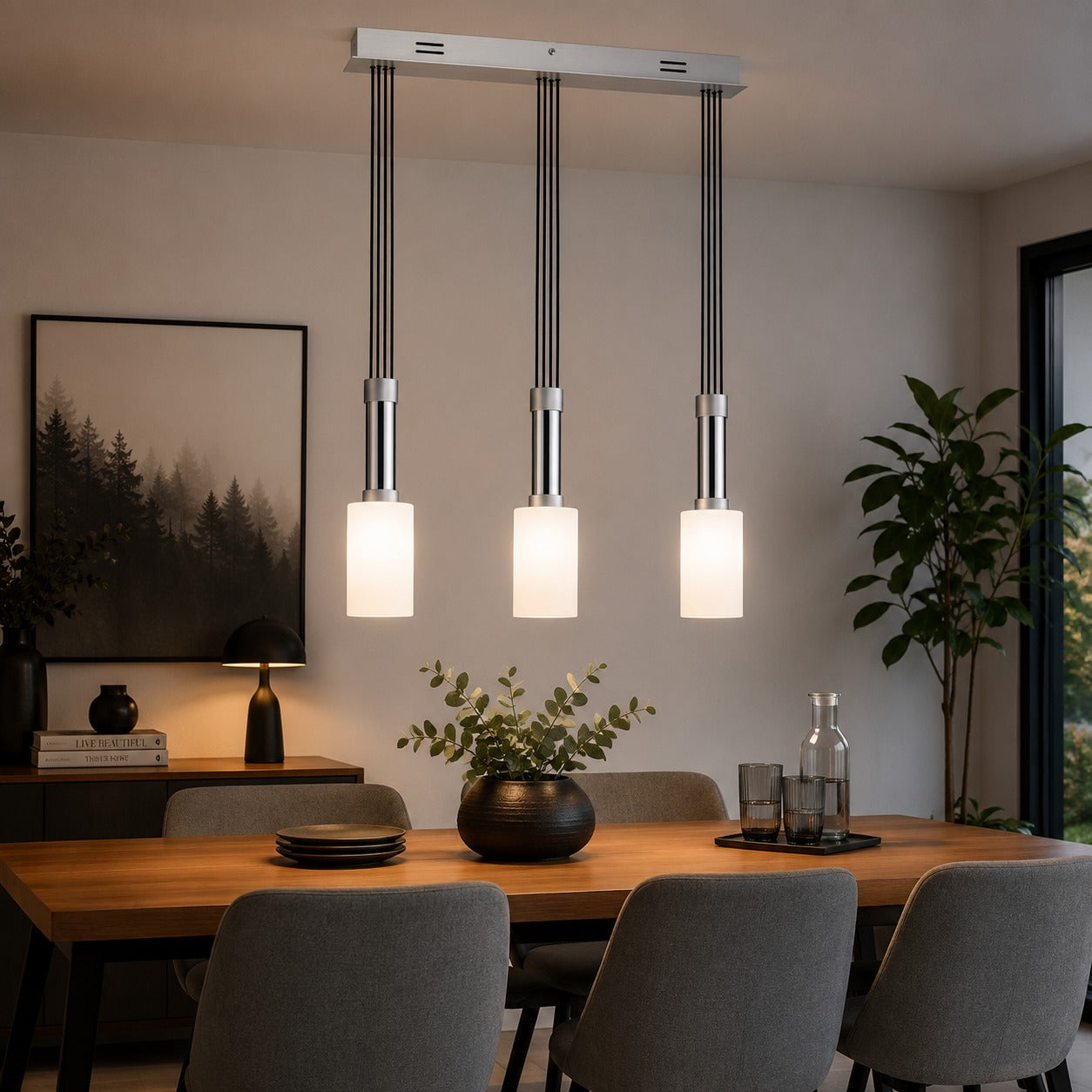 Micasa MILA 3-Light Pendant Light – Satin Silver & Chrome | Frosted Glass Adjustable Suspension