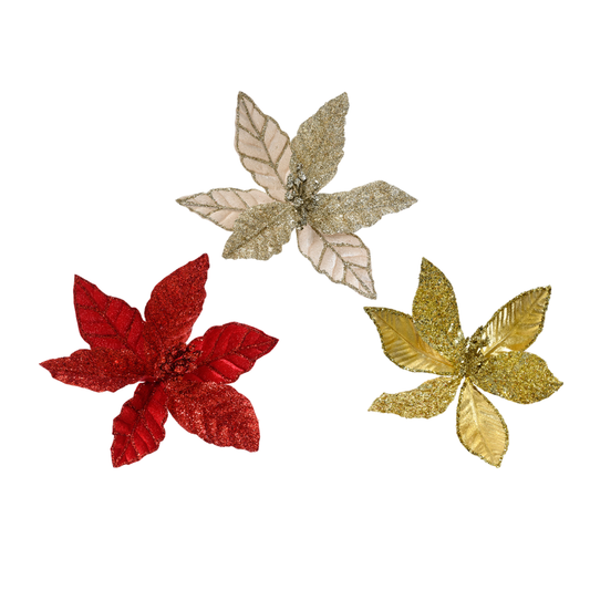 poinsettia on clip polyester velvet small berries center w glitter H.17cm D.24cm (KAEMINGK)