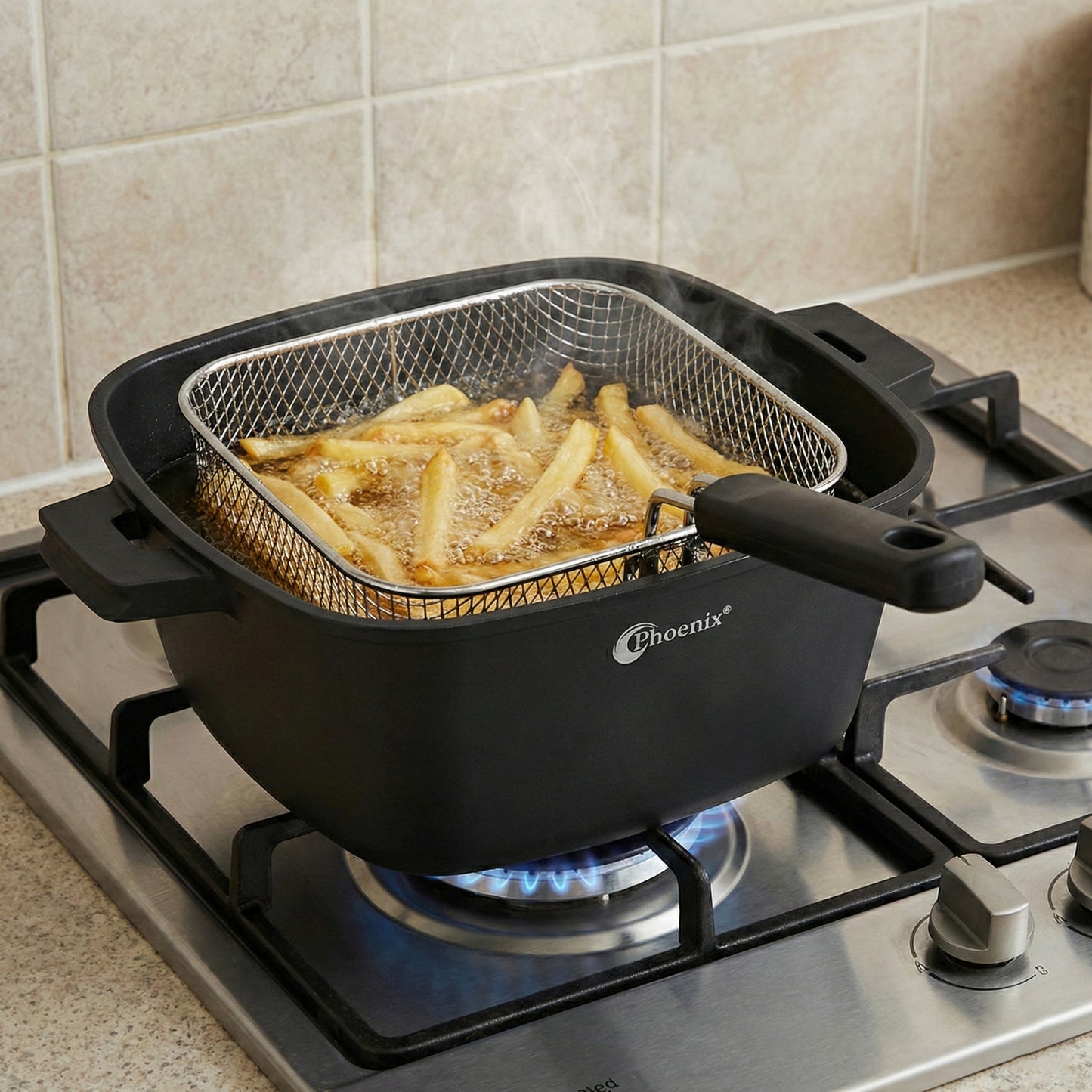 Phoenix 28cm Cast Aluminum Casserole with Glass Lid & Frying Basket – Black