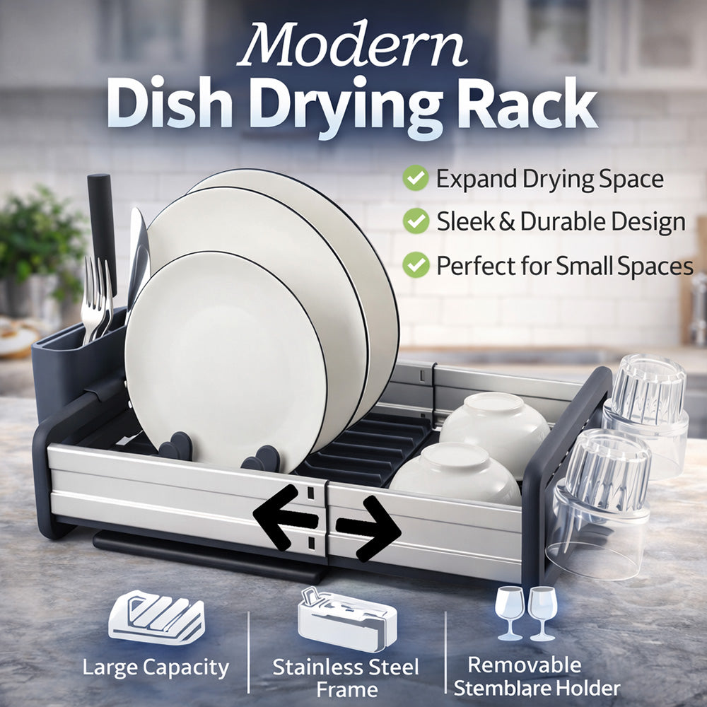 Extendable Stainless Steel Dish Rack with Cup & Cutlery Holders