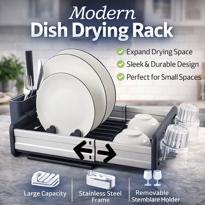 Extendable Stainless Steel Dish Rack with Cup & Cutlery Holders