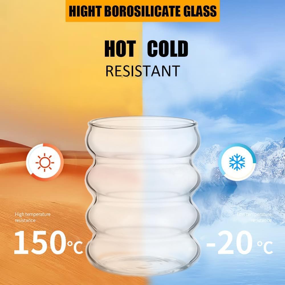 Matcha Wave Shaped Glass Tumblers Drinking with Lid and Straw – 350ml