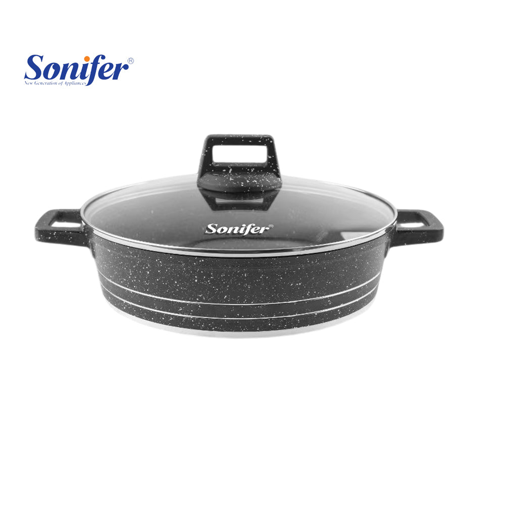 Sonifer 28/32/36/40cm Wear-Resistant Non-Stick Granite Shallow Pot with Glass Lid SF-1173 Black