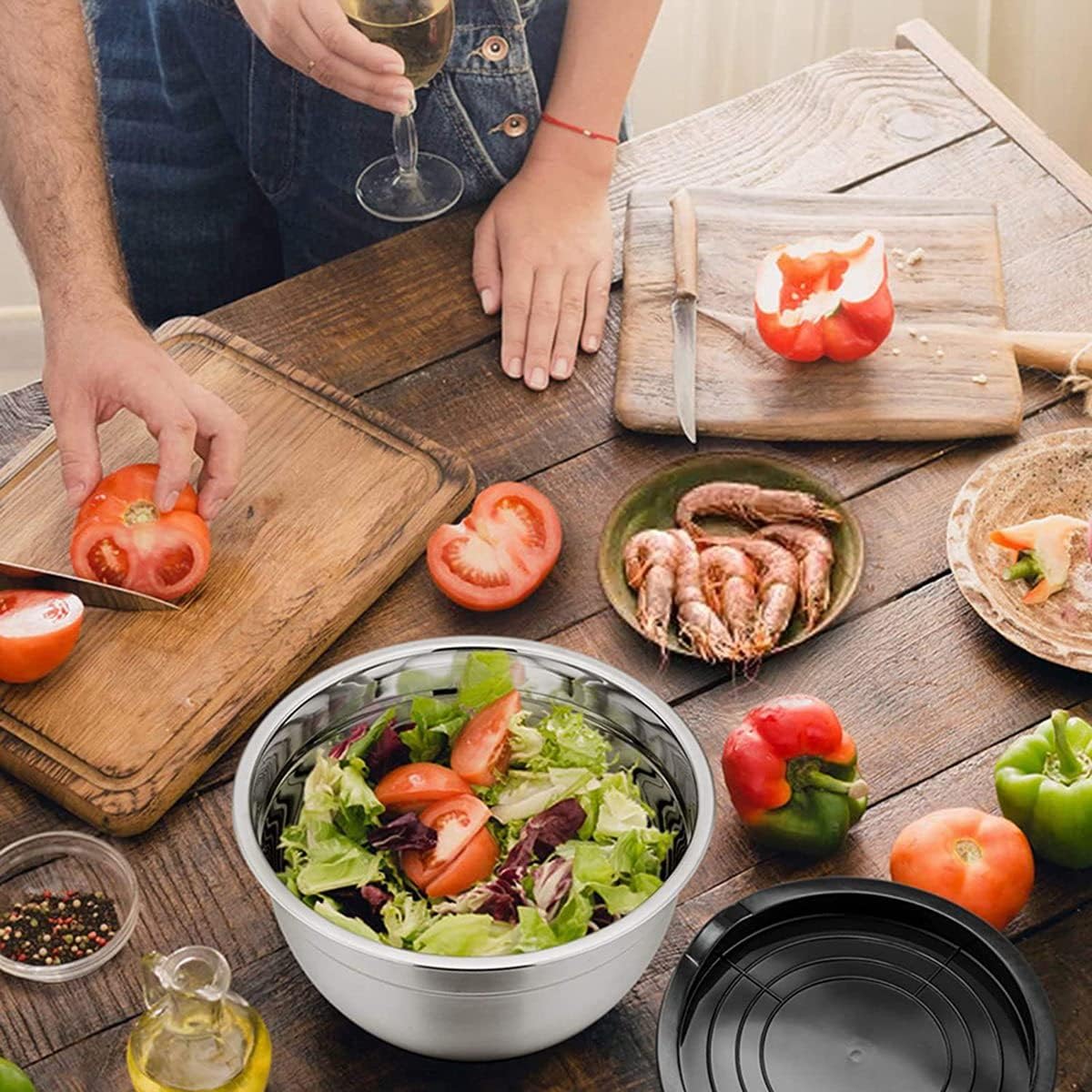 3-Pieces Stainless Steel Salad Bowl with Lid 18/22/26 cm Set