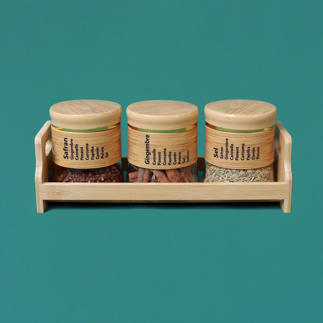 Bamboo Spice Rack Set with 3 Glass Jars Plastic Lid – 400 #CB-TWJ37