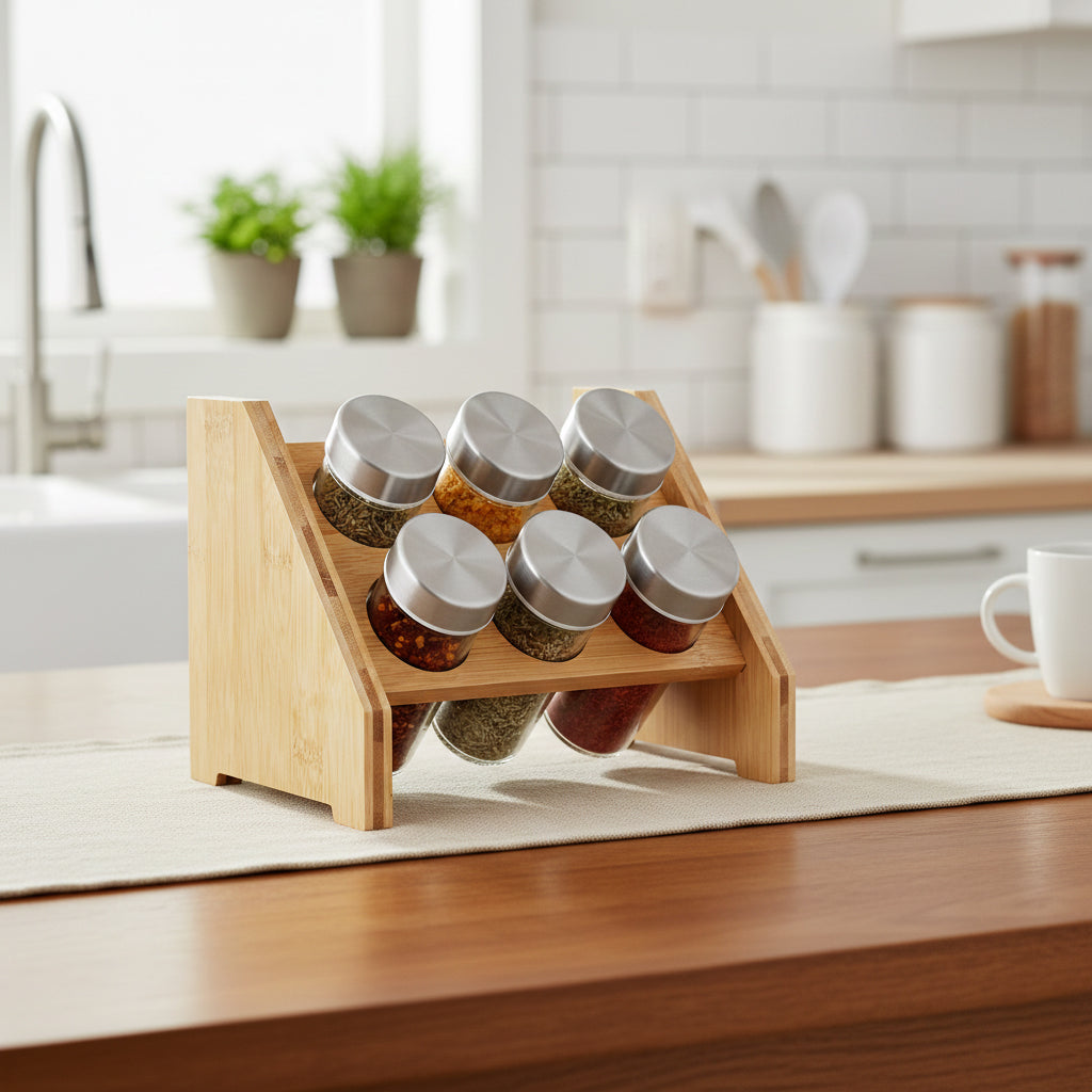 6-Glass Seasoning Jar with Bamboo Stand Holder Set BM-06