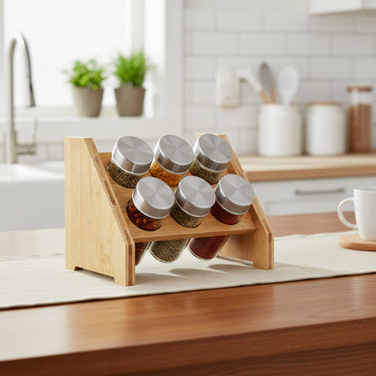 6-Glass Seasoning Jar with Bamboo Stand Holder Set BM-06