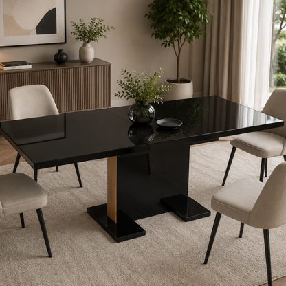 Bern High-Gloss Black Glass Top Dining Table with Imitation Oak Insert Plate