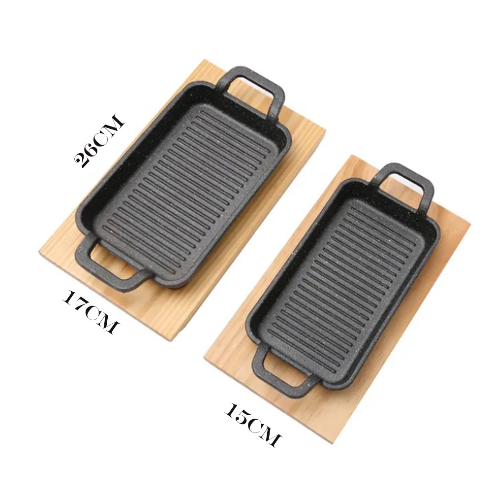 Cast Iron Mini Rectangular Serving Dish Pans with Wooden Base