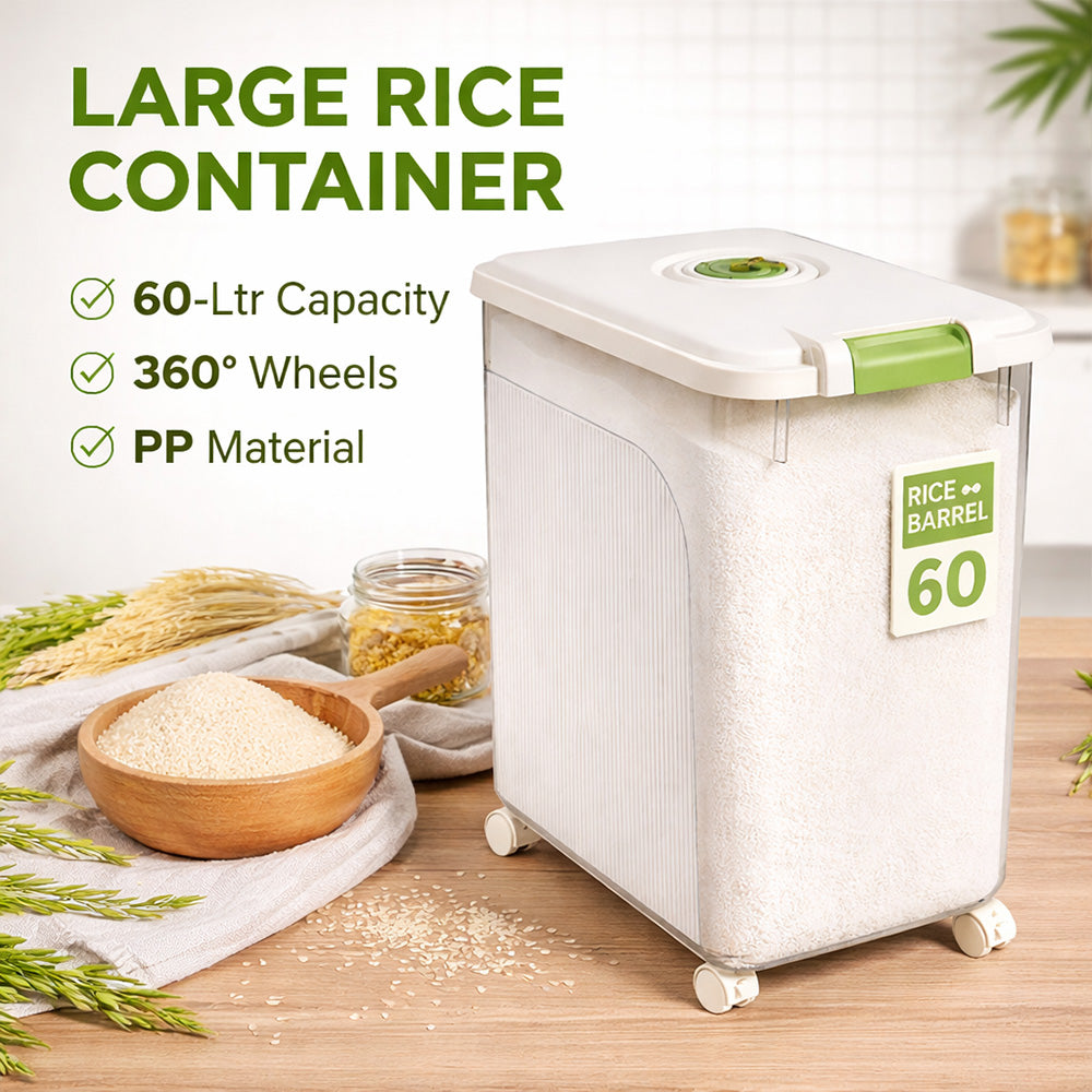 Leak-Proof Rice Storage Container – 60L Airtight PP Bin with Wheels