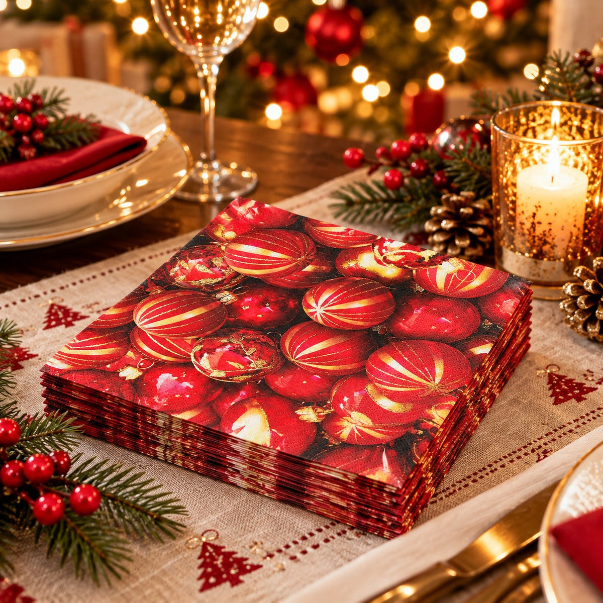 Red & Gold Christmas Bauble Paper Napkins – Pack of 20