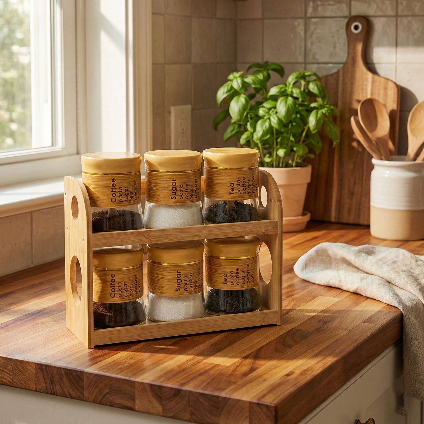 Bamboo Spice Rack Set with 6 Glass Jars Plastic Lid – 400ml #CB-TWJ45