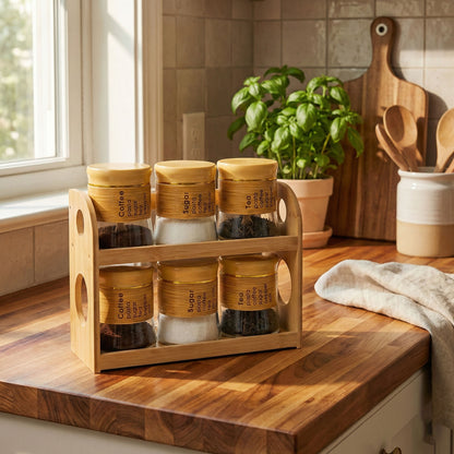 Bamboo Spice Rack Set with 6 Glass Jars Plastic Lid – 400ml #CB-TWJ45