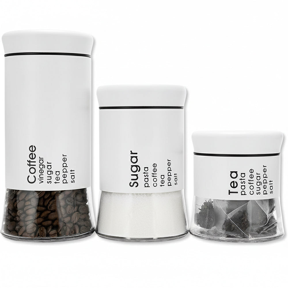 3-Pcs Stainless Steel With Glass Sugar Tea Coffee Canister Set Matte White-390/590/840ml